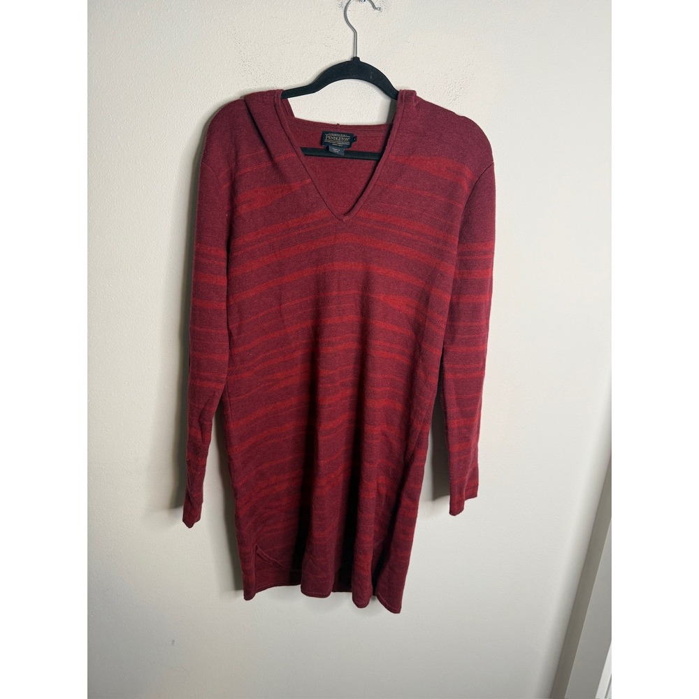 Pendleton Striped Merino Wool Hooded Long‎ Sleeve V Neck Sweater Knit Dress Sz L